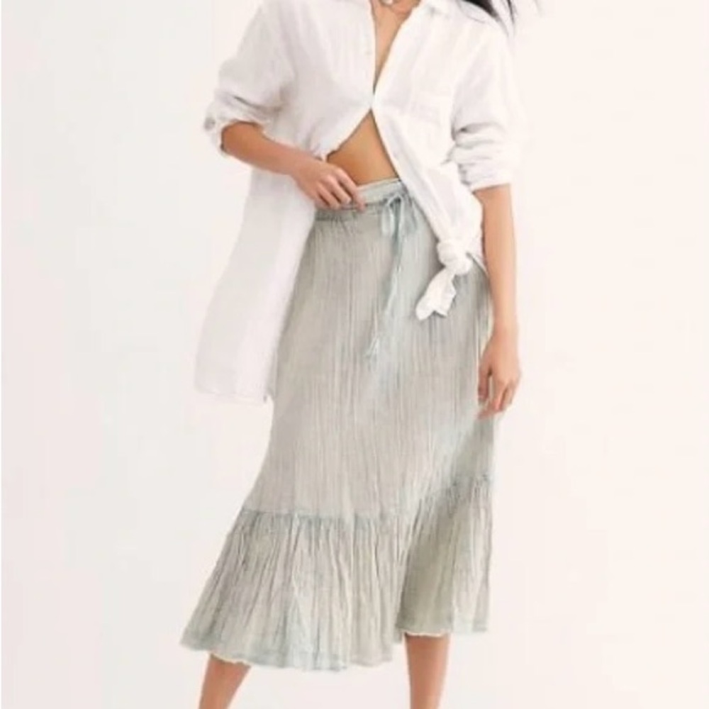 Free People Mellow Acid Wash Gauze Midi Skirt Light Blue Festival Coachella Boho